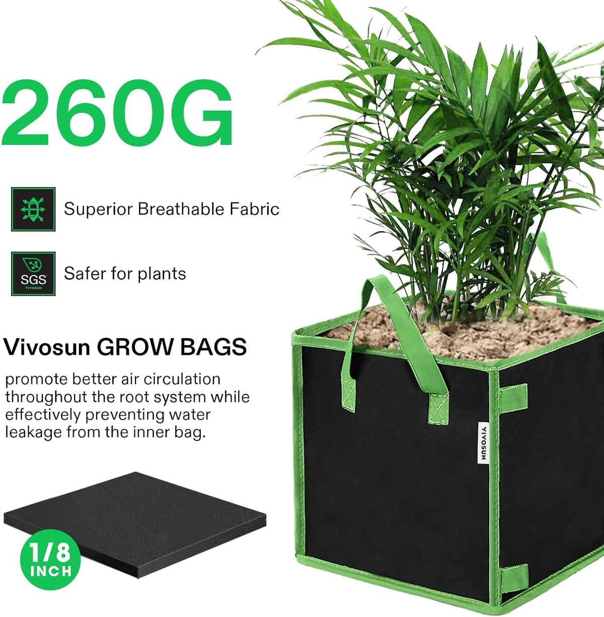 VIVOSUN 5 Pack 3 Gallon Square Grow Bags, Thick Nonwoven Cubic Fabric Pots with Handles for Indoor