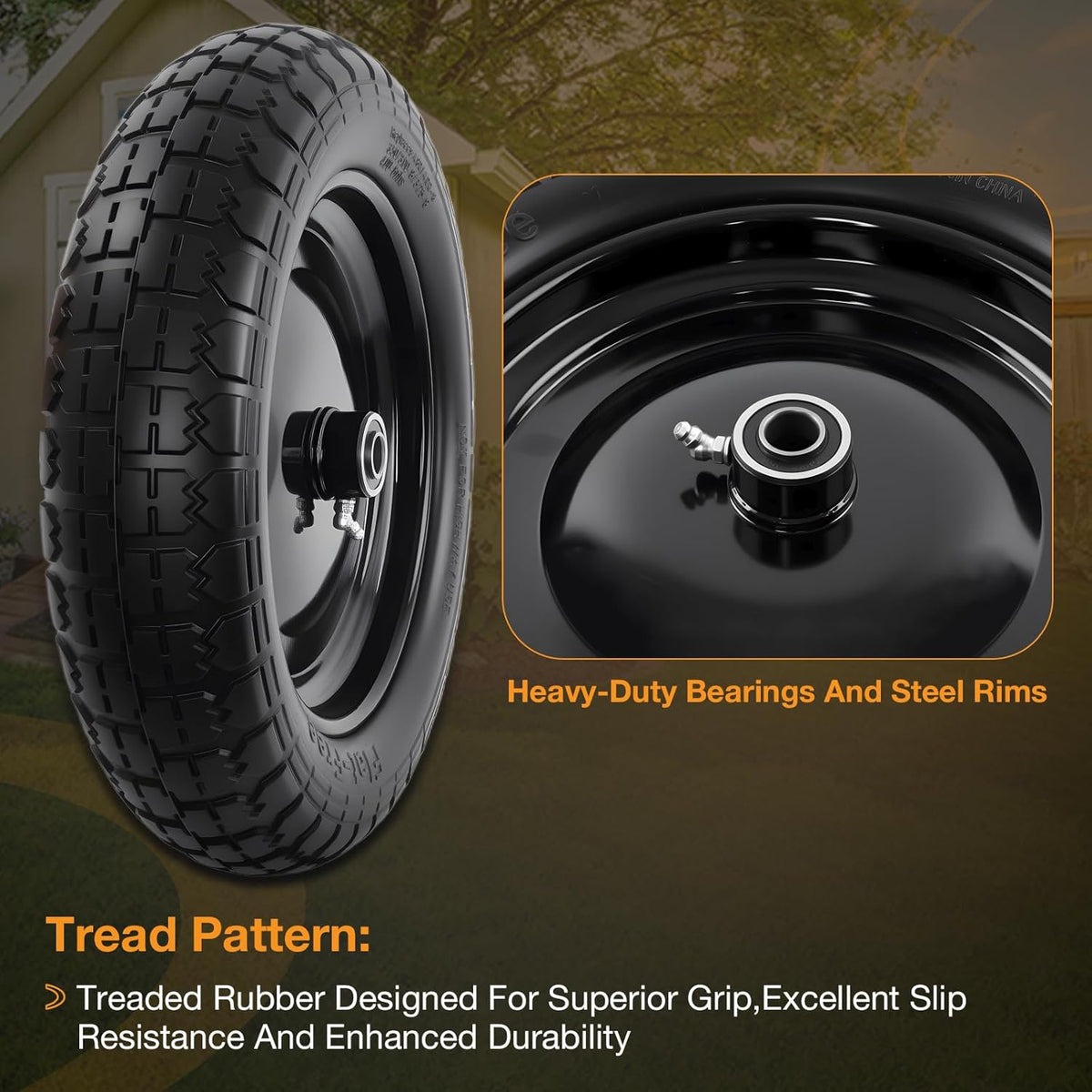 HQPASFY 14.5" Flat Free Tire 4.80/4.00-8 Wheelbarrow Tire and Wheel, 3" Centered Hub, 5/8" & 3/4"