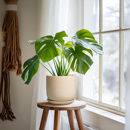 Ceramic Plant Pot - 7 Inch Mid Century Round Ceramic Planter for Indoor Plants with Drainage Hole