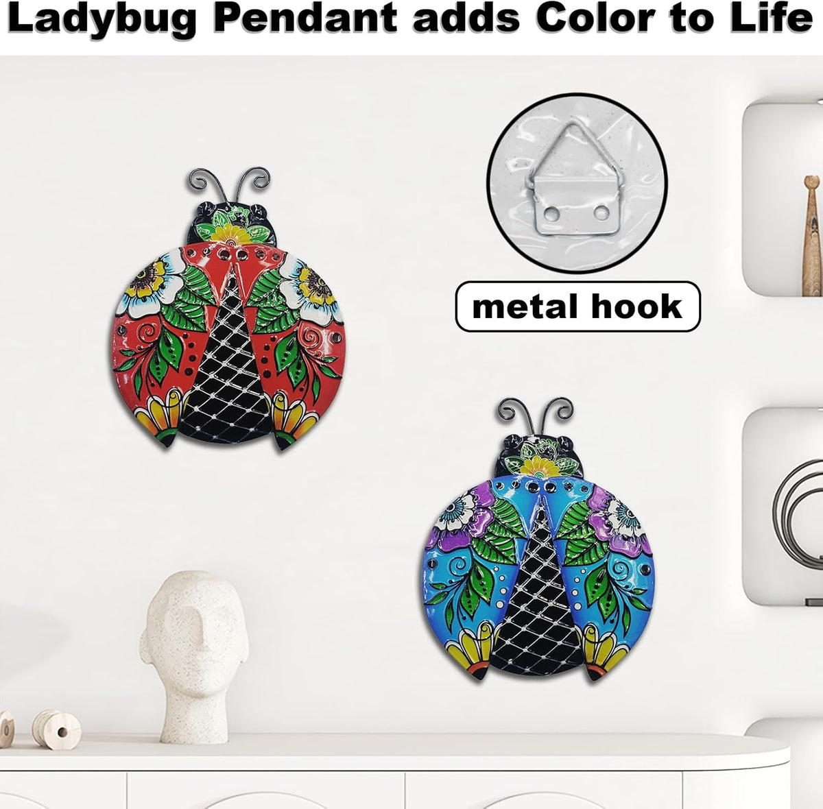 John's Studio 2Pcs Metal Ladybug Wall Decor Outdoor Garden Hanging Art Sculptures Home Ocean Theme