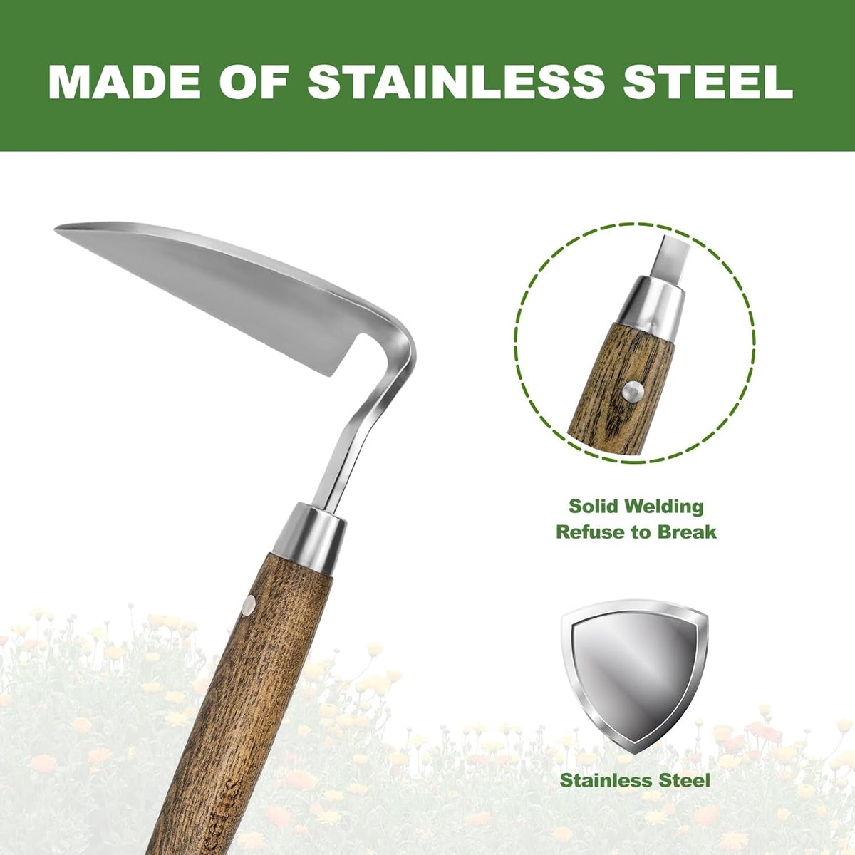 Haliaeetus Gardening Sickle Hoe, Japanese Bent Angle Weeding Sickle, Stainless Steel Weed Hoe