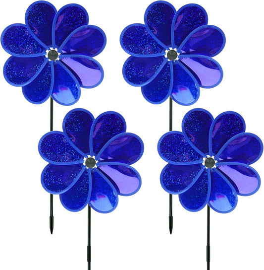 4PCS Flower Wind Spinner Sparkly Lawn Pinwheel 11.8 inch Dark Blue Garden Windmill for 4th of July