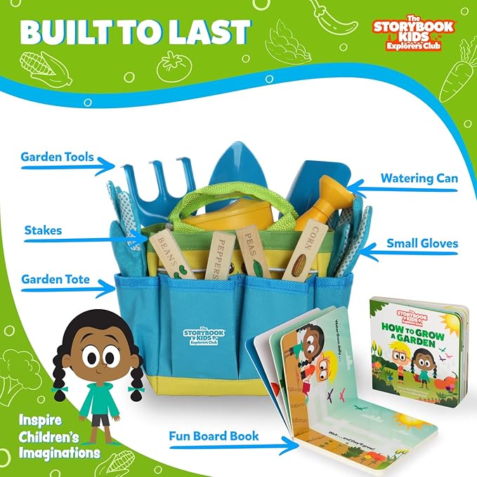 Blue Kids Gardening Tools - Includes Sturdy Tote Bag, Watering Can, Gloves, Shovels, Rake, and
