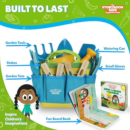 Blue Kids Gardening Tools - Includes Sturdy Tote Bag, Watering Can, Gloves, Shovels, Rake, and