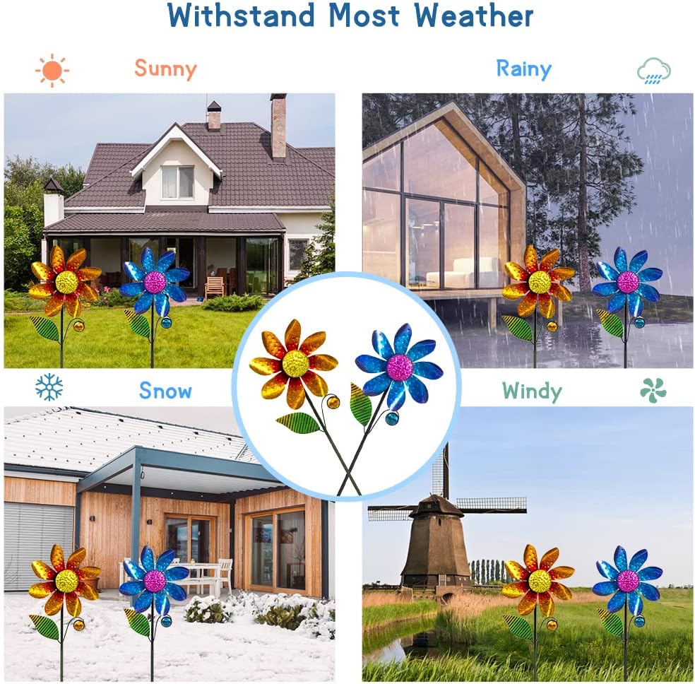 2Pack Garden Wind Spinners,Metal Wind Sculptures Outdoor Windmill Flower Pinwheel Decorations for