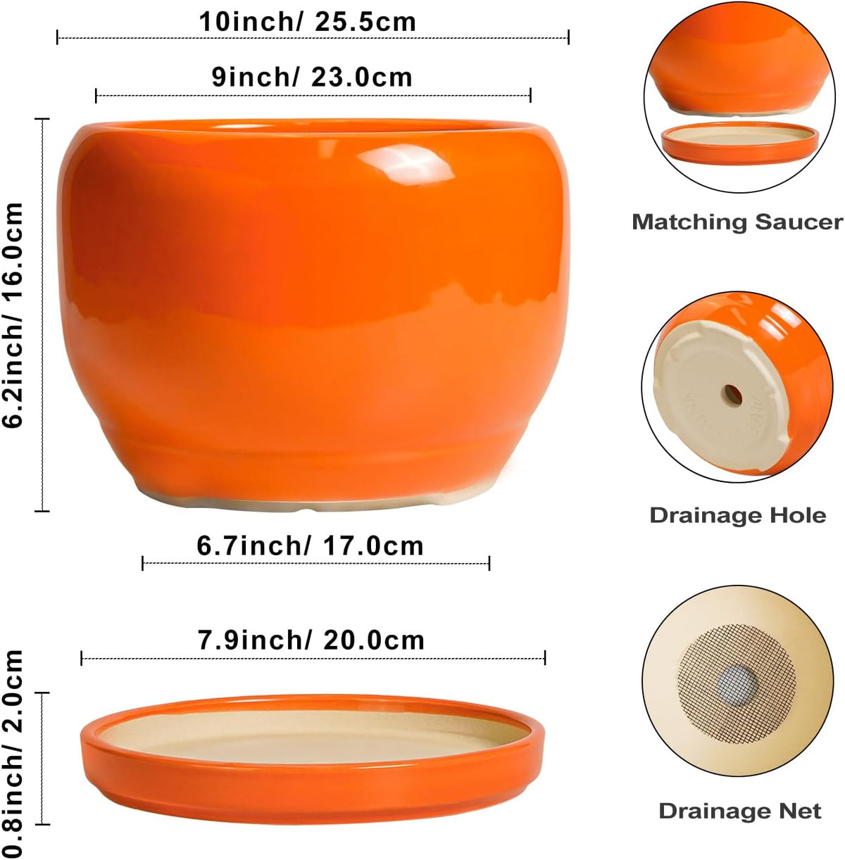SQOWL Ceramic Planter - 10 Inch Plant Pot with Drainage Hole and Saucer, Round Modern Planter for