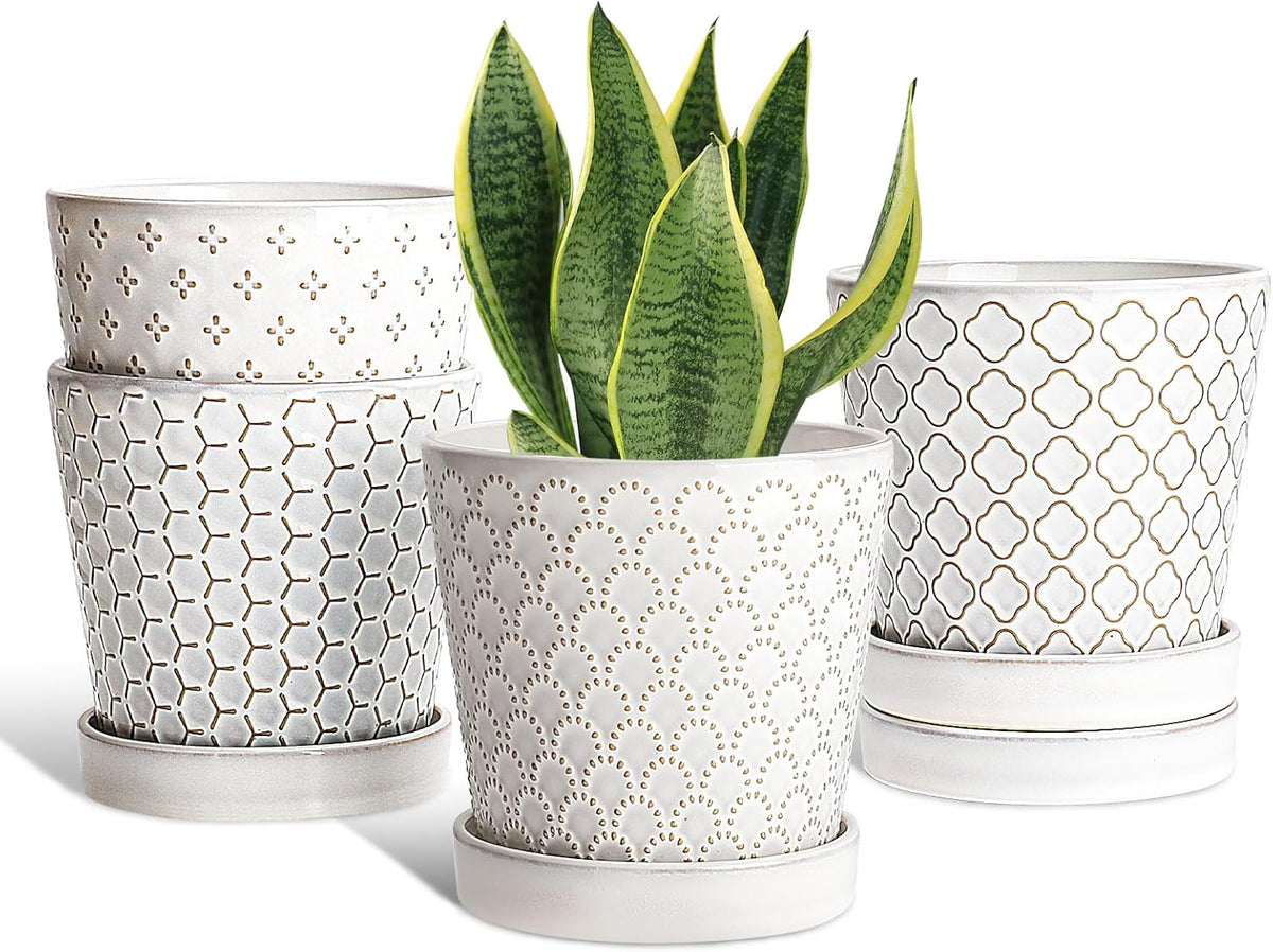 EFISPSS Ceramic Plant Pots Indoor, 5 Inch Planters with Drainage Holes and Ceramic Tray, Relief