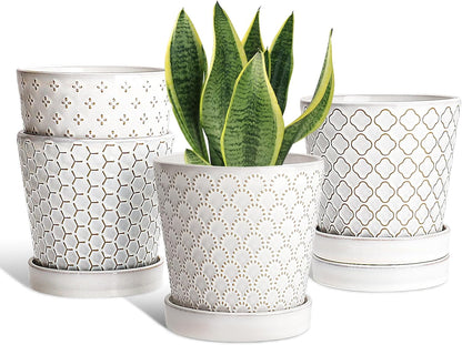 EFISPSS Ceramic Plant Pots Indoor, 5 Inch Planters with Drainage Holes and Ceramic Tray, Relief