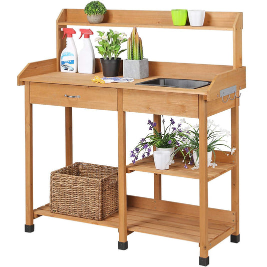 Yaheetech Potting Bench with Sink & Drawer, Outdoor Gardening Table, Wood