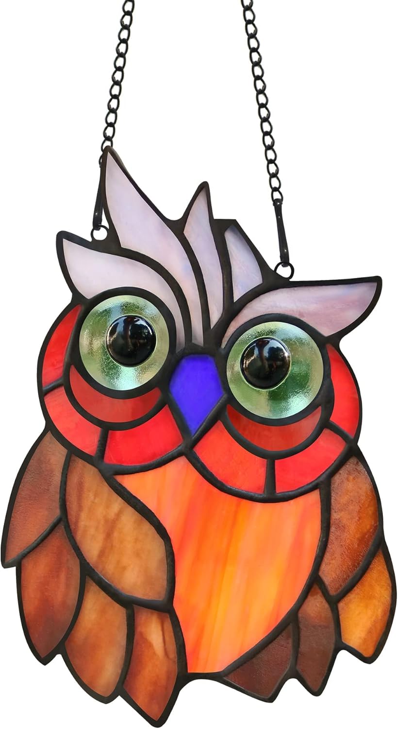 Owl Bird Stained Glass Window Hanging Suncatcher,Bird Decor Wall Art for Living Room Bedroom