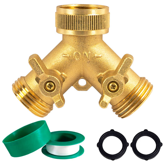 Hourleey Brass Garden Hose Splitter (2 Way), Solid Brass Hose Y Splitter 2 Valves with 2 Extra