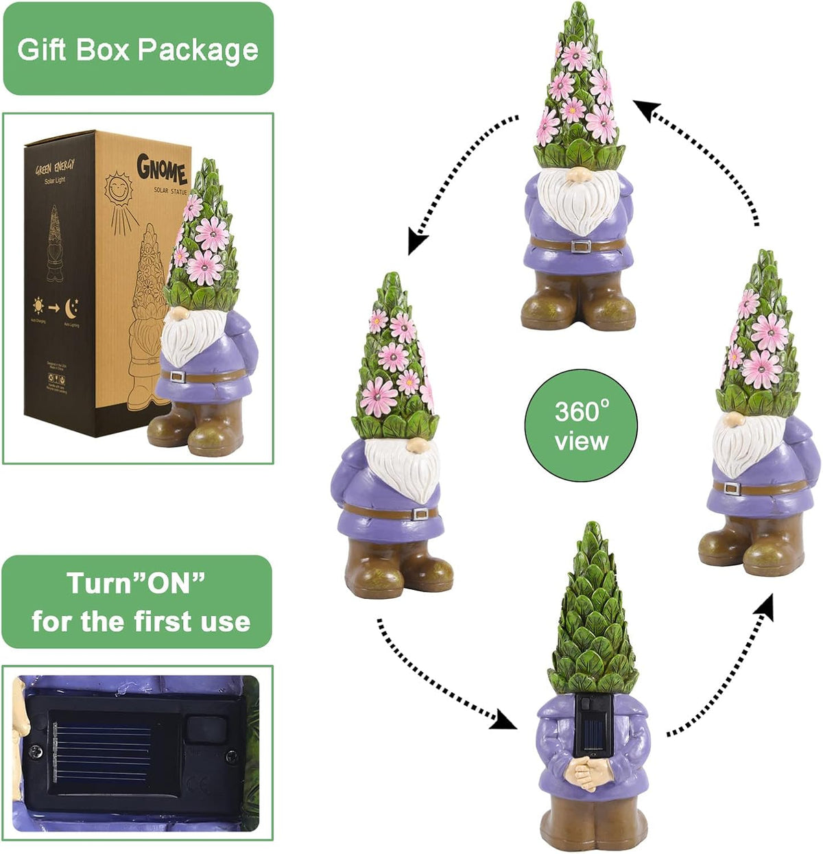 Nacome Garden Outdoor Statues Gnome with Succulent and 7 LED Lights - Lawn Decor for Patio