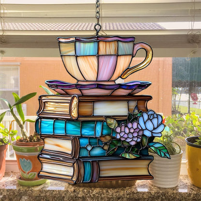 Flowers Book and Tea Acrylic Suncatcher Stained Glass Effect Window Car Hanging Christmas Ornament