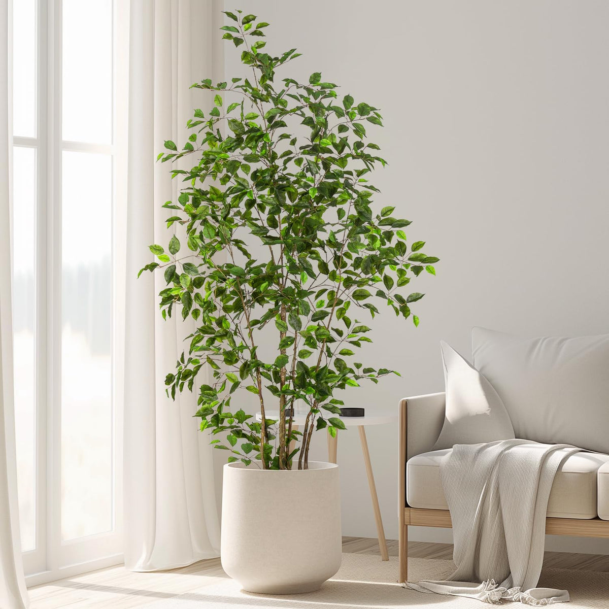 Artificial Ficus Tree Indoor 6ft, Large Potted Faux Tree with Realistic Silk Leaves & Trunk for