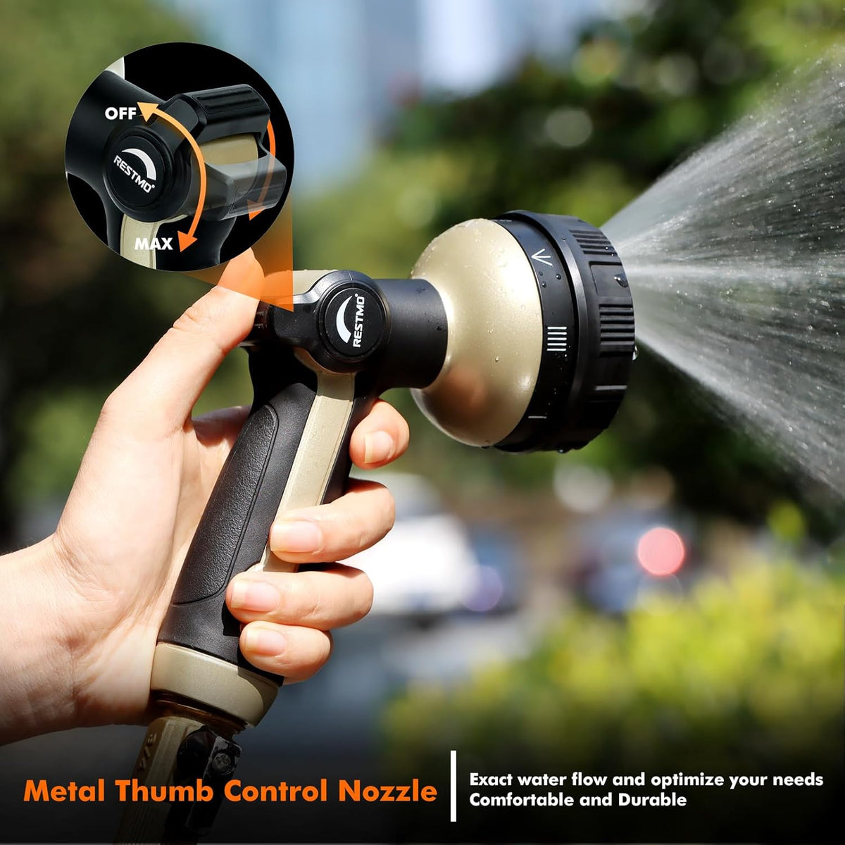 RESTMO Full Shower Hose Nozzle, Metal Spray Nozzle for Garden Hose, 8 Spray Patterns, Water Hose