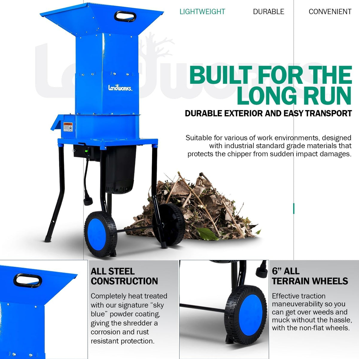 Landworks Electric Leaf Mulcher & Shredder - 15-AMP, 1800W, Steel Construction, 11" Blades, 0.5"