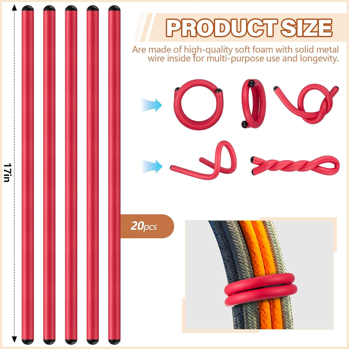 20 Pcs 17 Inch EVA Foam Twist Rubber Ties Reusable Bendable Cable Tie Straps Flexible Heavy Duty