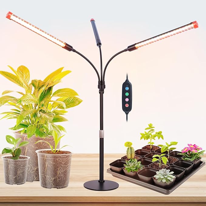 3-Head Table Top Grow Lights for Indoor Plants, Seed Starting, Bonsai with Timer, 27W Power Home