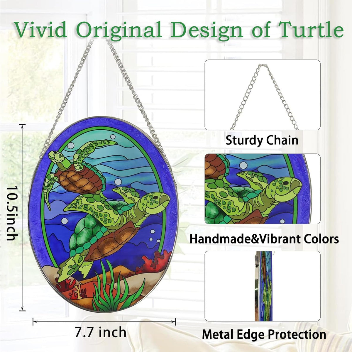 Hanging Ornament, Sea Turtle Stained Glass Window Hangings Suncatcher, 10 inches, Multicolored
