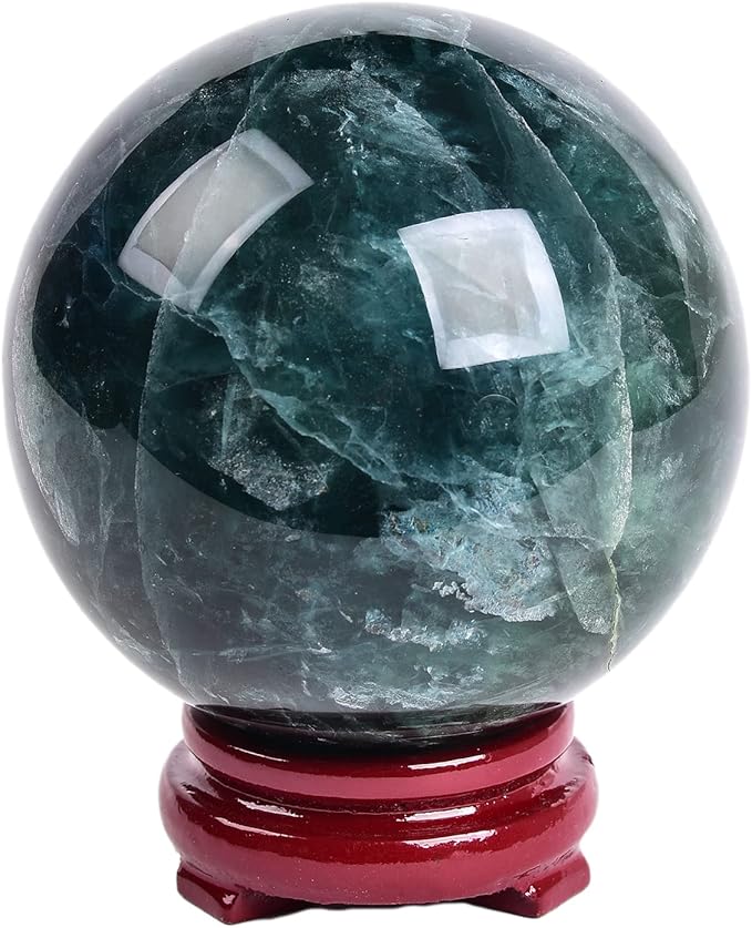 JIC Gem Big Green Fluorite Crystal Ball Sphere Decorative Ball with Wooden Stand for