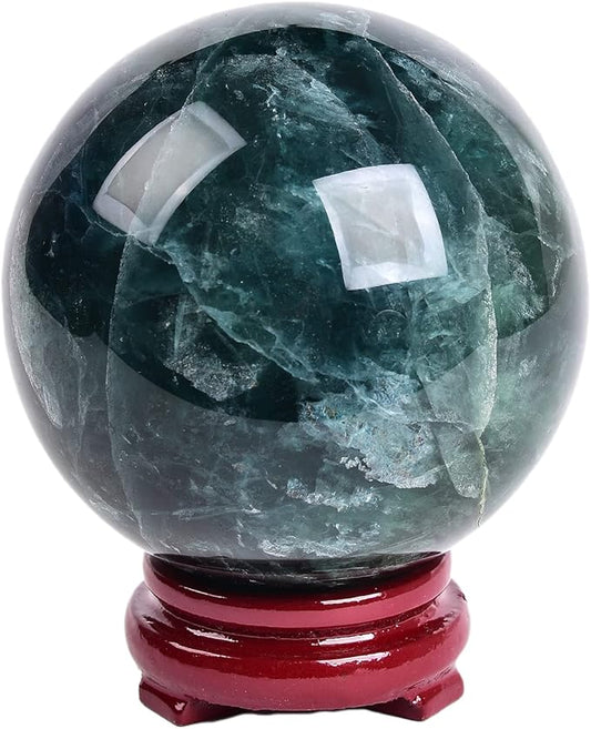 JIC Gem Big Green Fluorite Crystal Ball Sphere Decorative Ball with Wooden Stand for