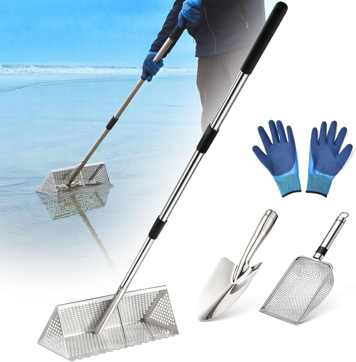 Sand Flea Rake, Long Handle Sand Sifter for The Beach, Stainless Steel Shark Tooth Sifter Comes