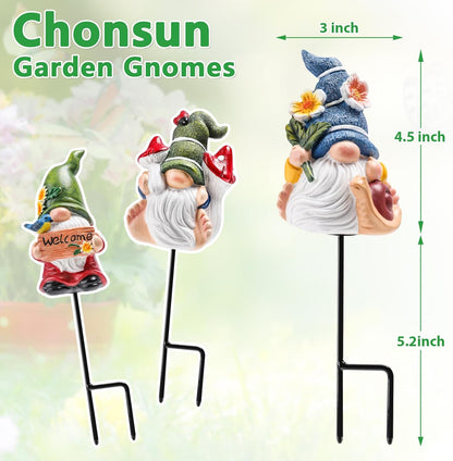 Garden Gnomes Stakes 3 Inch Plant Decorations for Pots Outdoor Statues Indoor 3 Pack Large Garden