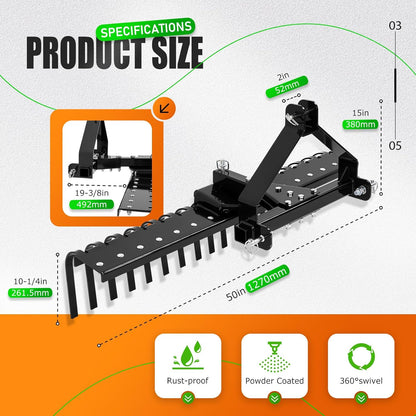 KUAFU 50" 3 Point Landscape Rake for Category-0 Cat-0 Tractor with 360 Degree Rotation, Replaceable