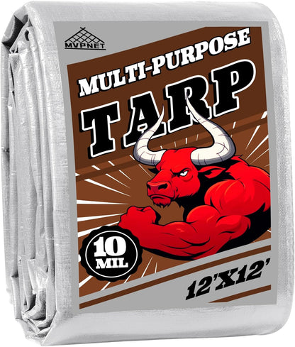 Tarp 12x12 ft Heavy Duty 10mil Silver/Brown 100% Waterproof High Durability Multipurpose Outdoor