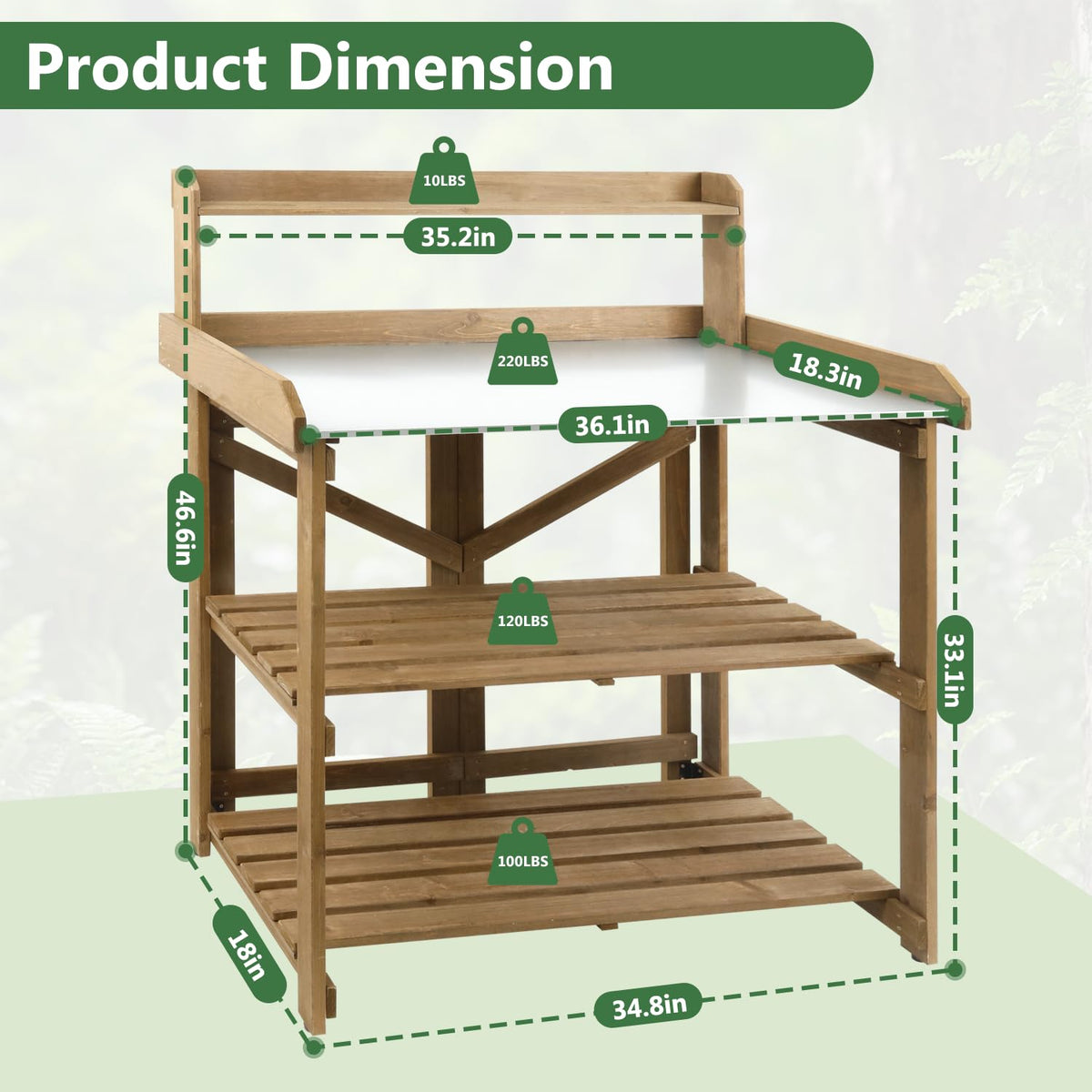 Garden Potting Bench Table Wooden Horticulture Outdoor Planting Work Bench with Metal