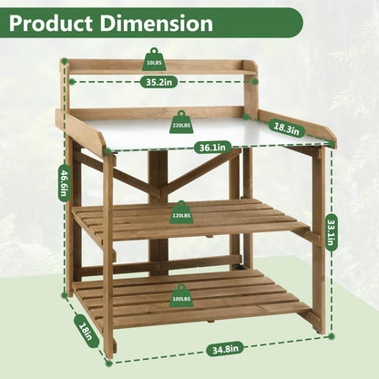 Garden Potting Bench Table Wooden Horticulture Outdoor Planting Work Bench with Metal