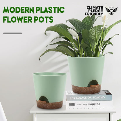 Indoor Self Watering Planters with Drainage Holes and Saucers, 9,8, 7.5 Inches, Green, 3 Pots