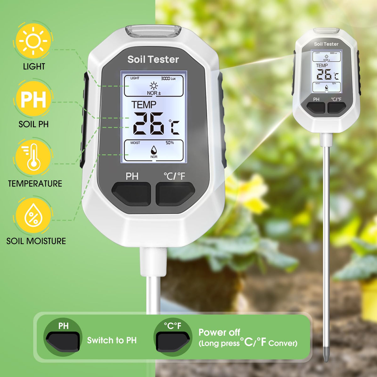 YAMRON 4-in-1 Soil Moisture Meter Digital Plant Temperature/Soil Moisture/pH Meter/Sunlight