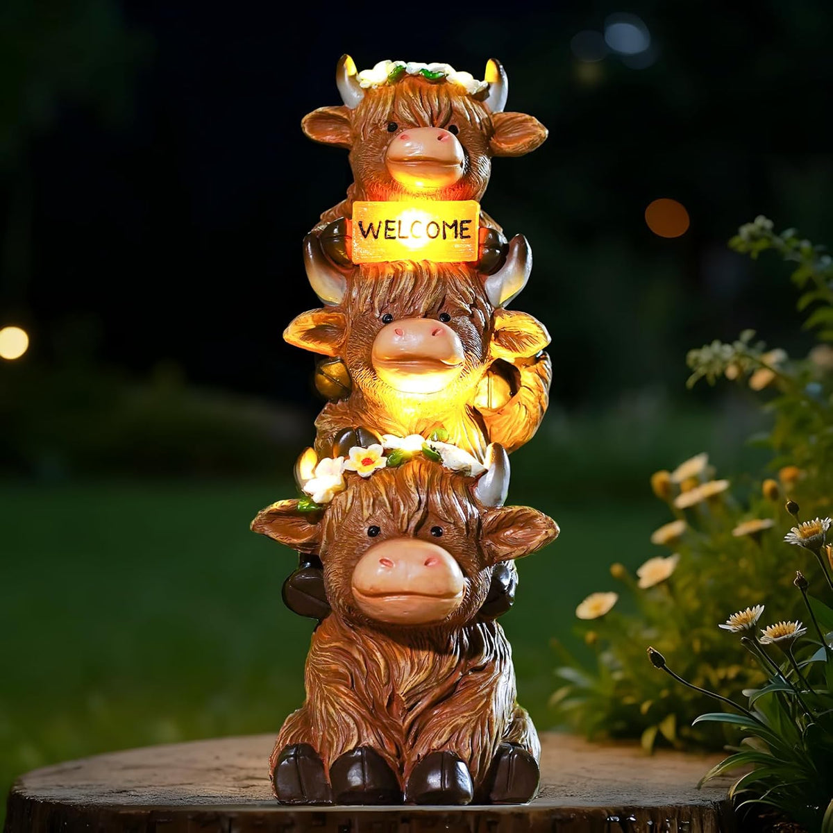 16 in Large Garden Highland Cow Statue Solar Garden Sculptures & Statues with Flower Decoration