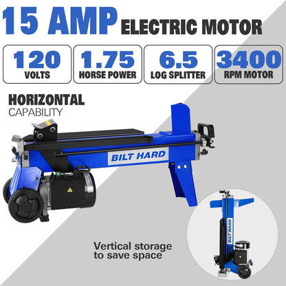 BILT HARD 6.5 Ton Electric Log Splitter with Stand - 15 Amp Motor Wood Splitter with Hydraulic Ram