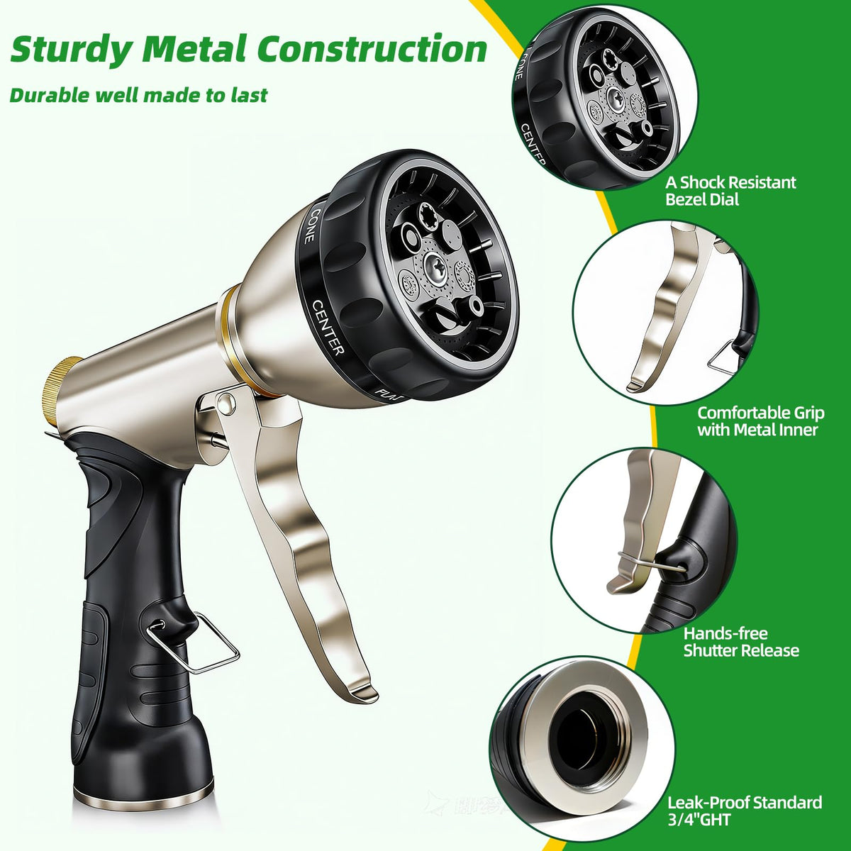 ARXIVE Metal Garden Hose Nozzle, Heavy Duty High Pressure Hand Sprayer