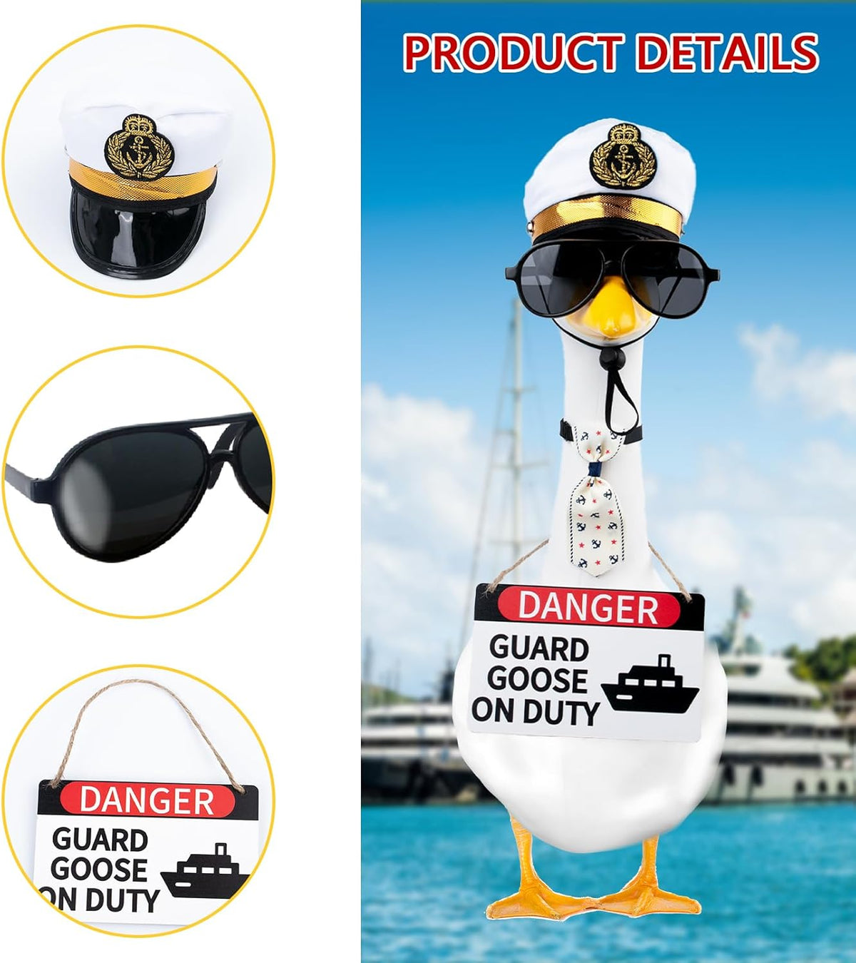 CAMDUCK 4 Pcs Porch Goose Accessories Porch Goose Sign Goose Navy Hat Eyeglasses Necktie Wooden