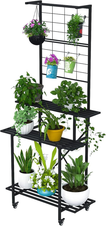 Zhongma 3 Tier Heavy Duty Plant Stand with Hanging Plant pot shelf with wheels, 35.43 L x 18.11 W x