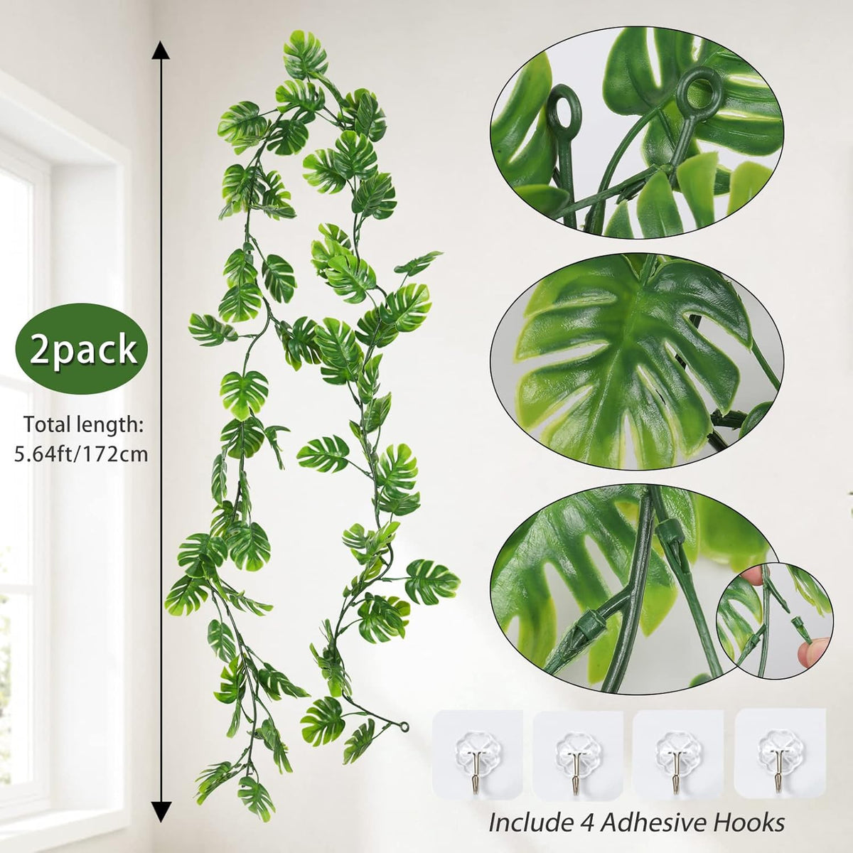 RECUTMS 2Pcs Artificial Monstera Leaf Vines 5.9FT Fake Hanging Plants Ivy Faux Tropical Palm Leaves