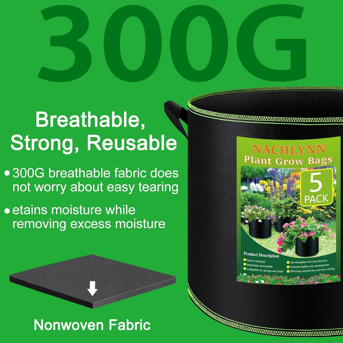 NACHLYNN 5-Pack 15 Gallon Grow Bags Thickened Nonwoven Fabric Pots Heavy Duty Aeration Fabric Pots