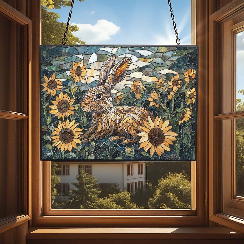 Customized Rectangle Art Nouveau Sunflower Rabbit Suncatchers for Windows, Stained Glass Window