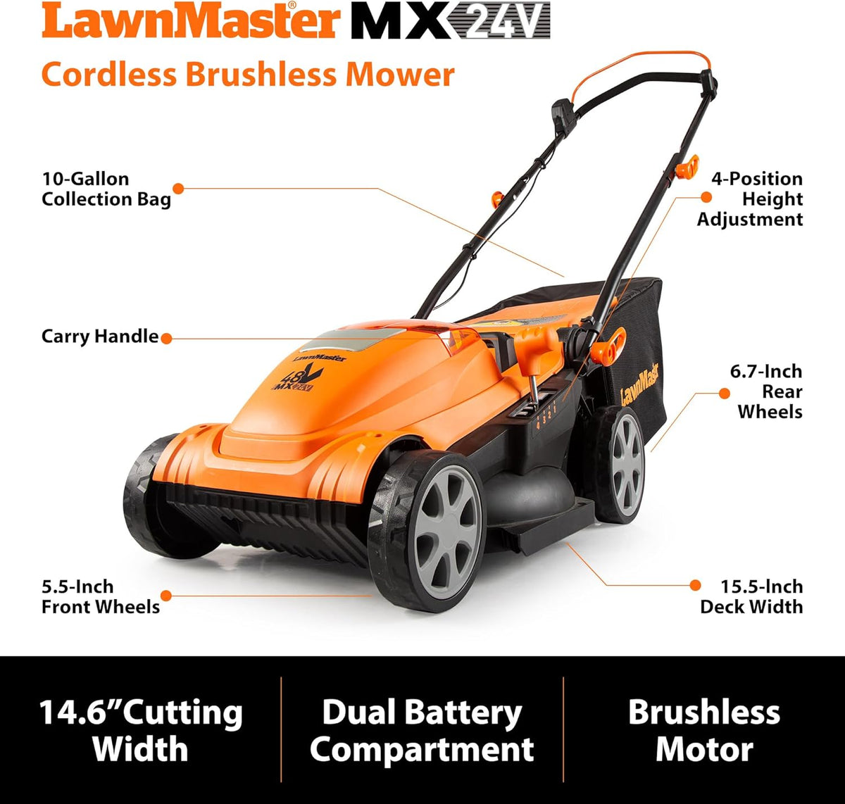LawnMaster CLMF4815E 48V MAX* 15-inch Brushless Cordless Mower with 2X24V MAX* 4.0Ah Battery and a