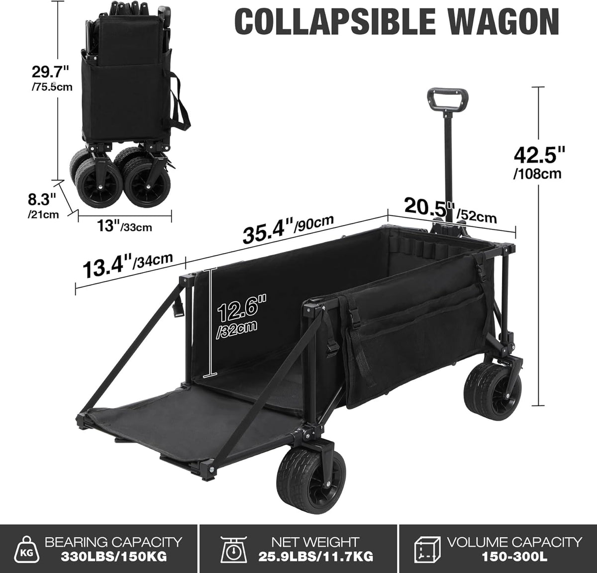 REDCAMP 49" L Extended Collapsible Beach Fishing Cart with Rod Holders, 330LBS Heavy Duty Extra