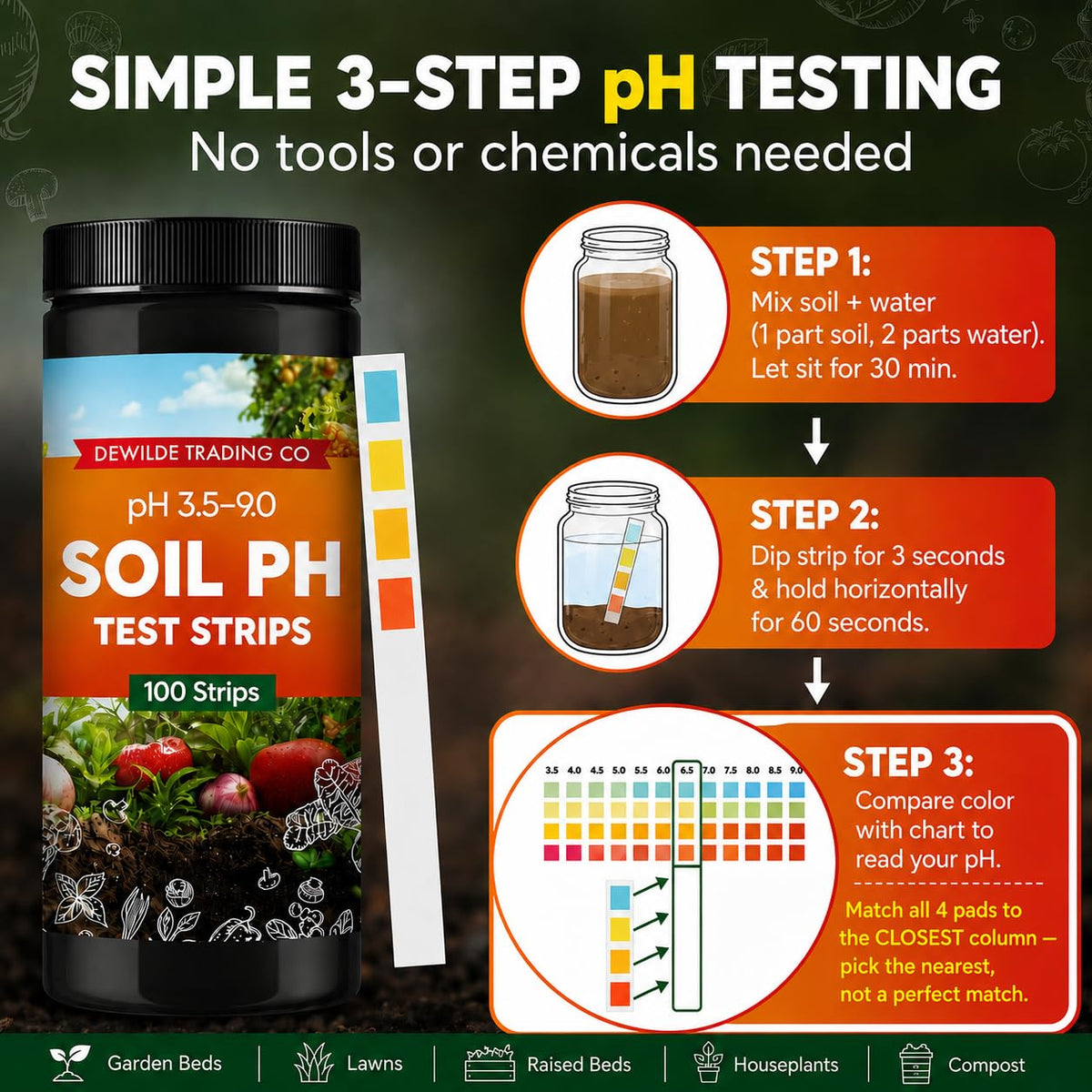 Soil Test Kit – 100 Soil pH Test Strips (3.5–9 Range) for Garden, Lawn & Indoor Plants – Easy