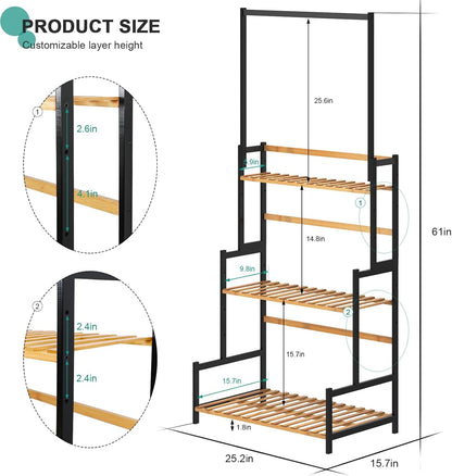 Ufine Bamboo Hanging Plant Stand 3 Tier Ladder Shelf with Hanging Rod Height Adjustable Flower Pot