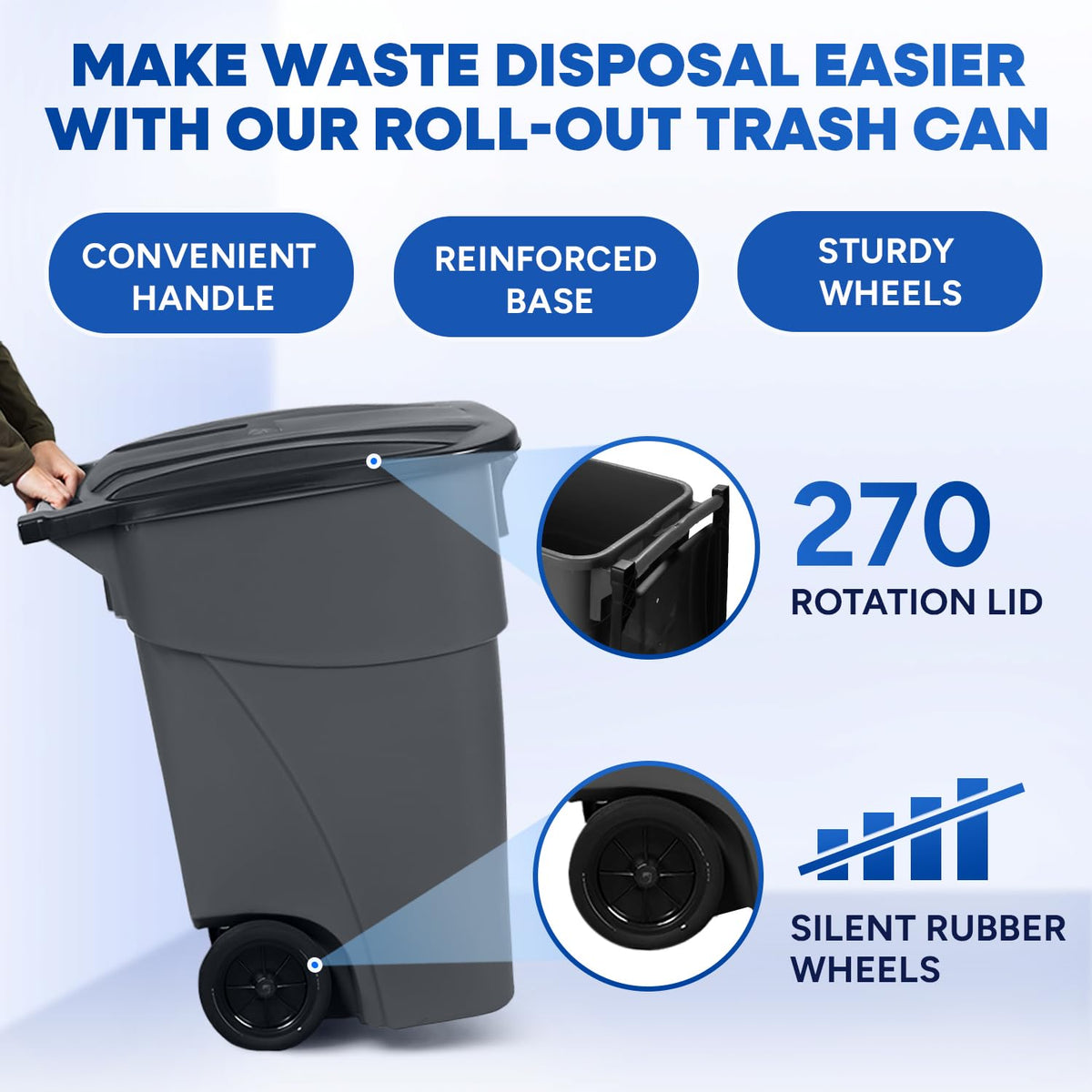 50 Gallon Trash Can, Gray Outdoor Garbage Can, Large Outside Trash Bin, Rolling Commercial