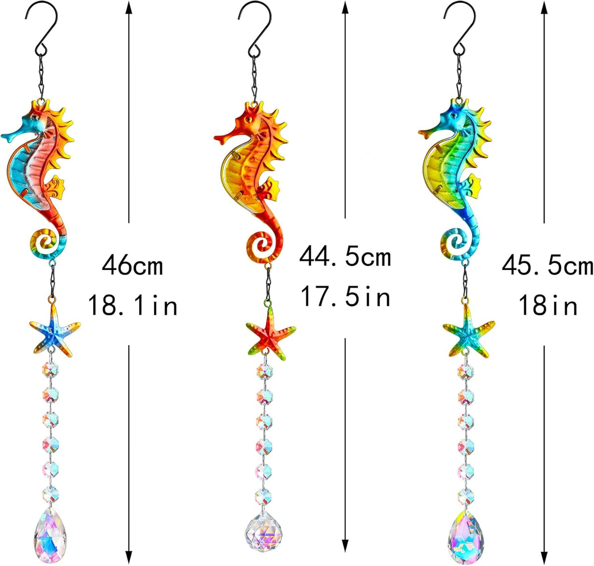 3PCS Metal Seahorse & Starfish Hanging Sun Catchers with Crystals, Colorful Crystal Prisms Stained