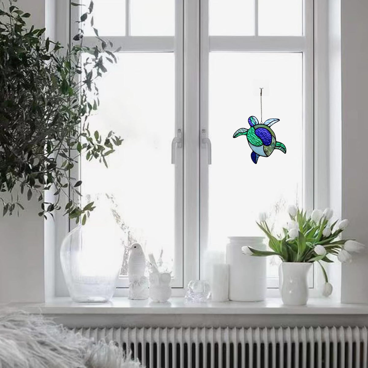 Sea Turtle Decor Stained Glass Window Hanging,Navy Turtle Suncatcher for Garden,Bathroom,Backyard
