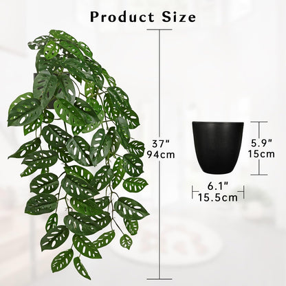 Large Fake Hanging Plants in Pot with Hook, 37" Artificial Hanging Monstera Albo Vines Plants, Fake