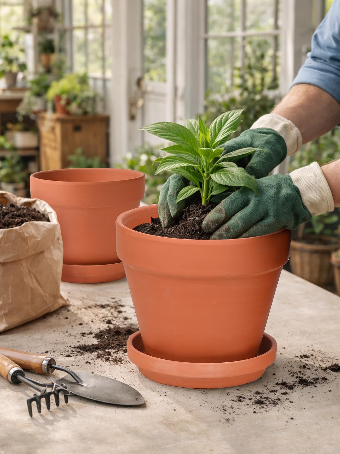 INGOFIN Terracotta Pots Set with Saucer - 2-Pack Ceramic Clay Planters with Drainage Hole, Garden
